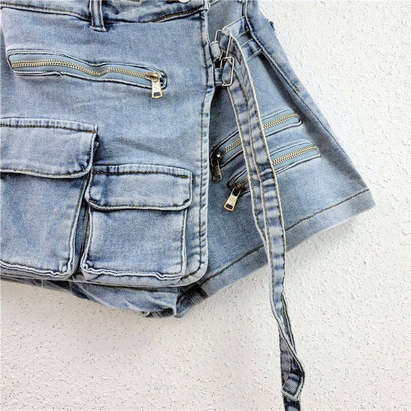 Irregular Multi-Pocket Workwear A- line Denim Skirt