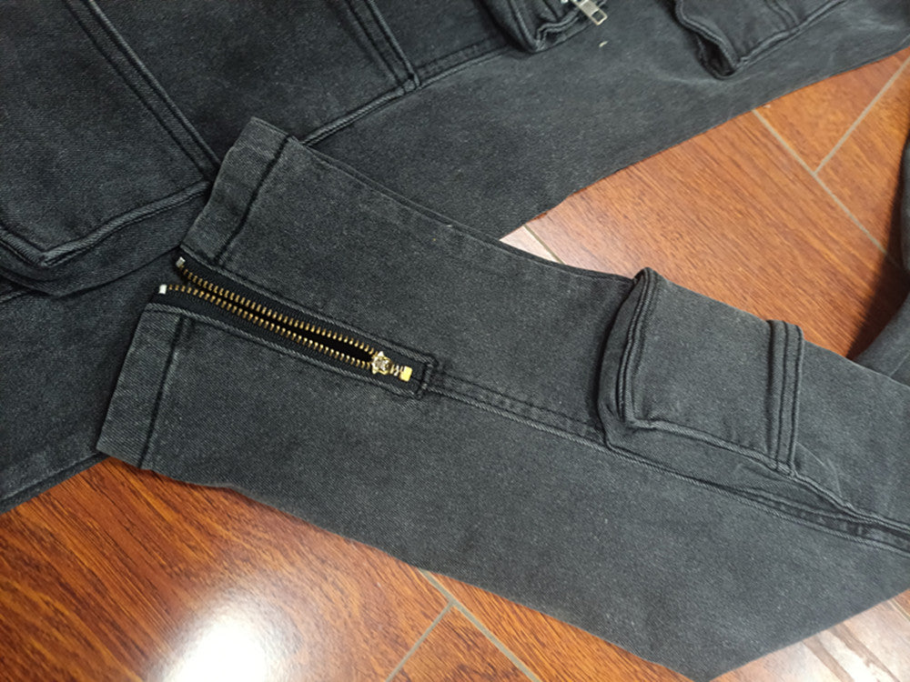 Multi Pocket Zipper Elastic Feet Jeans