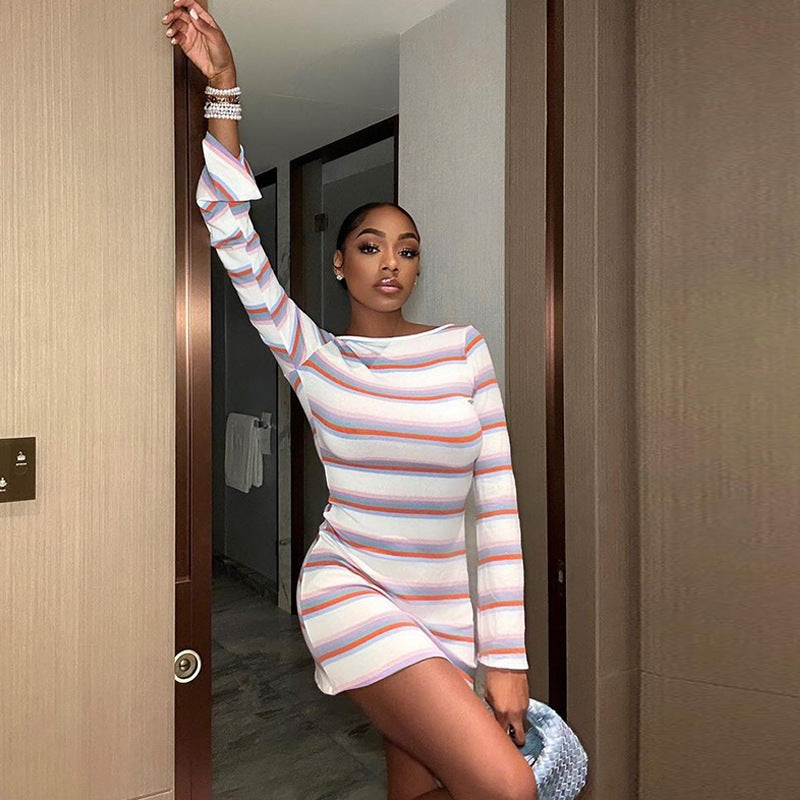 Striped Flared Sleeve Pullover Skirt Backless Waist Trimming A- line Skirt