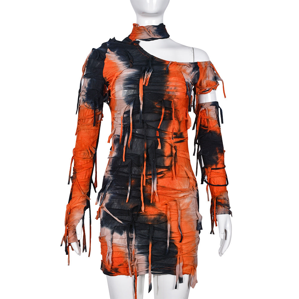Tie-Dye Irregular Hollow-out Tassel Dress