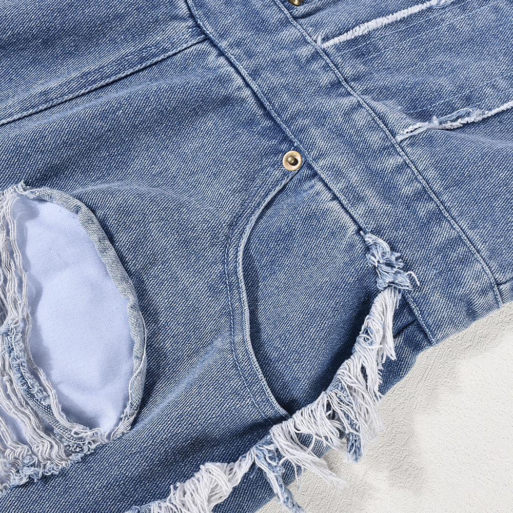Tassel Hole Rhinestone Washing Water Denim Jumpsuit Female
