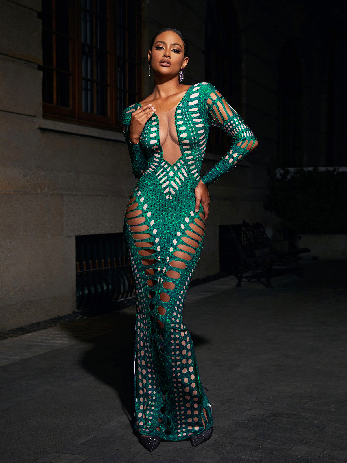 Ripped Skinny Sheath Dress Rhinestone Printed Dress