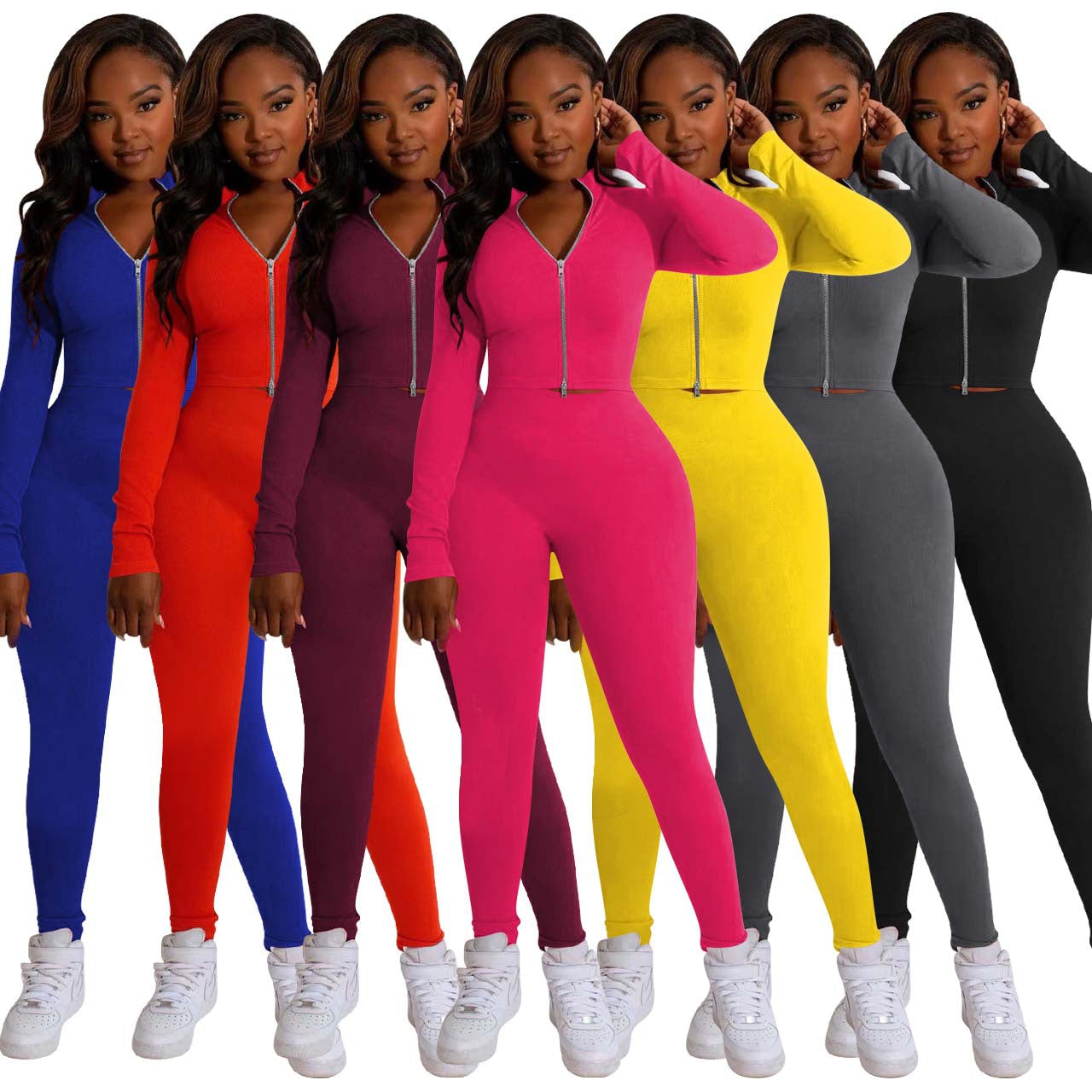 Fashion Slim Fit Zipper Solid Color 2PC Set