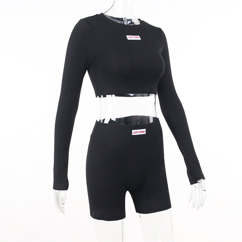 Long Sleeve Printed Top High Waist Shorts Two Piece Set