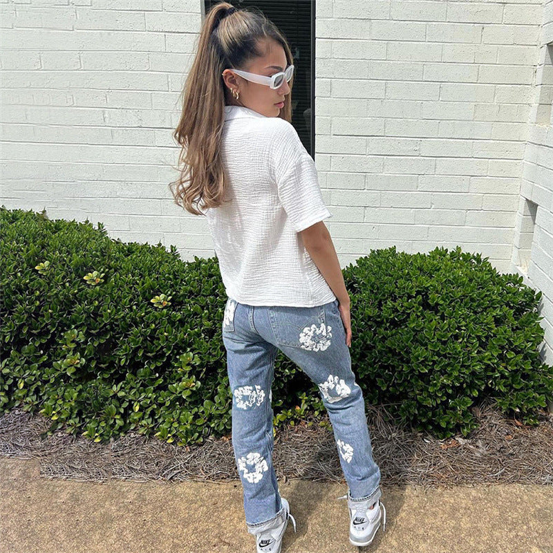 Printed high waisted casual straight jeans