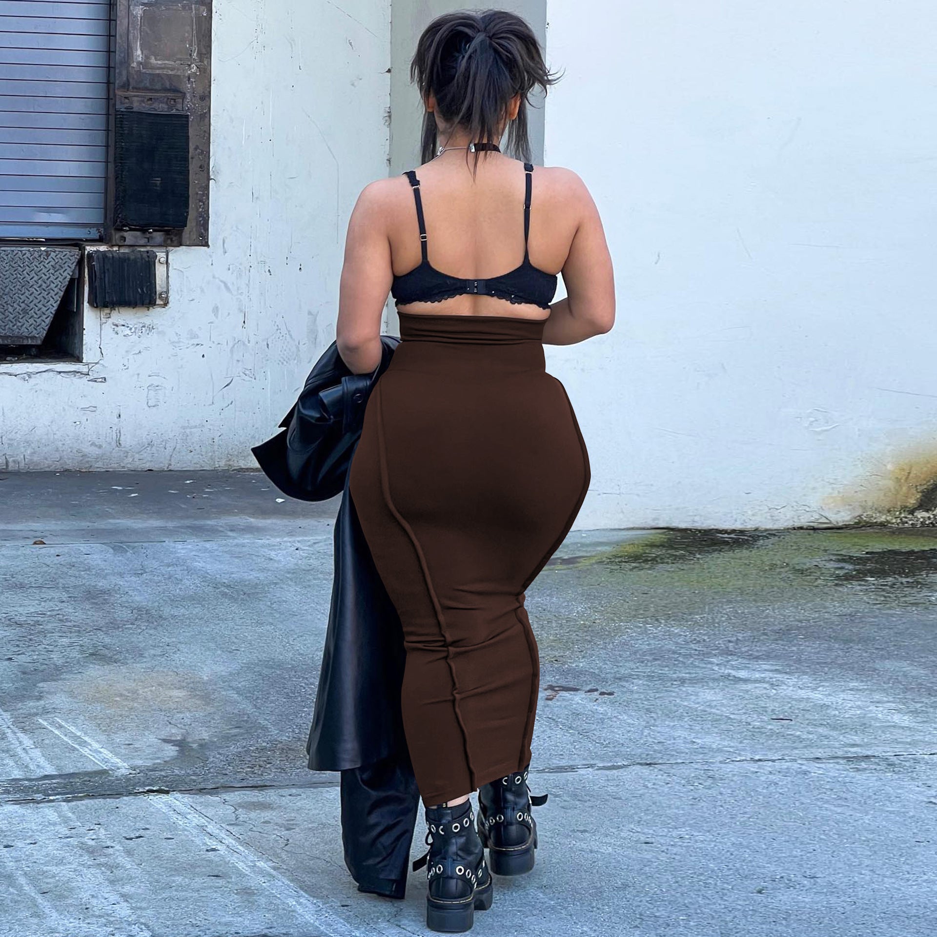 Solid color high waisted elastic waistband patchwork car edge one step skirt long skirt