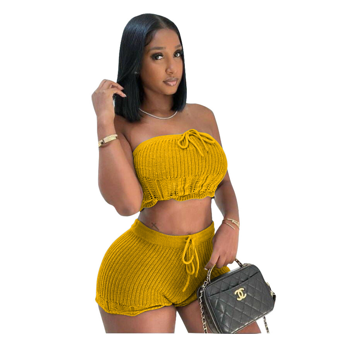 Casual Knitted Tube Top Shorts Two-Piece Set