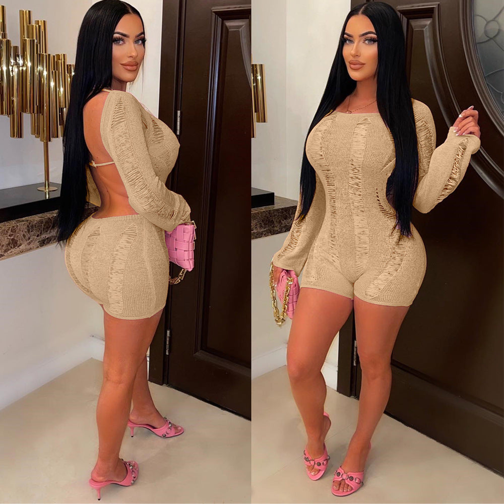 Sexy Ripped Long Sleeves Backless Jumpsuit