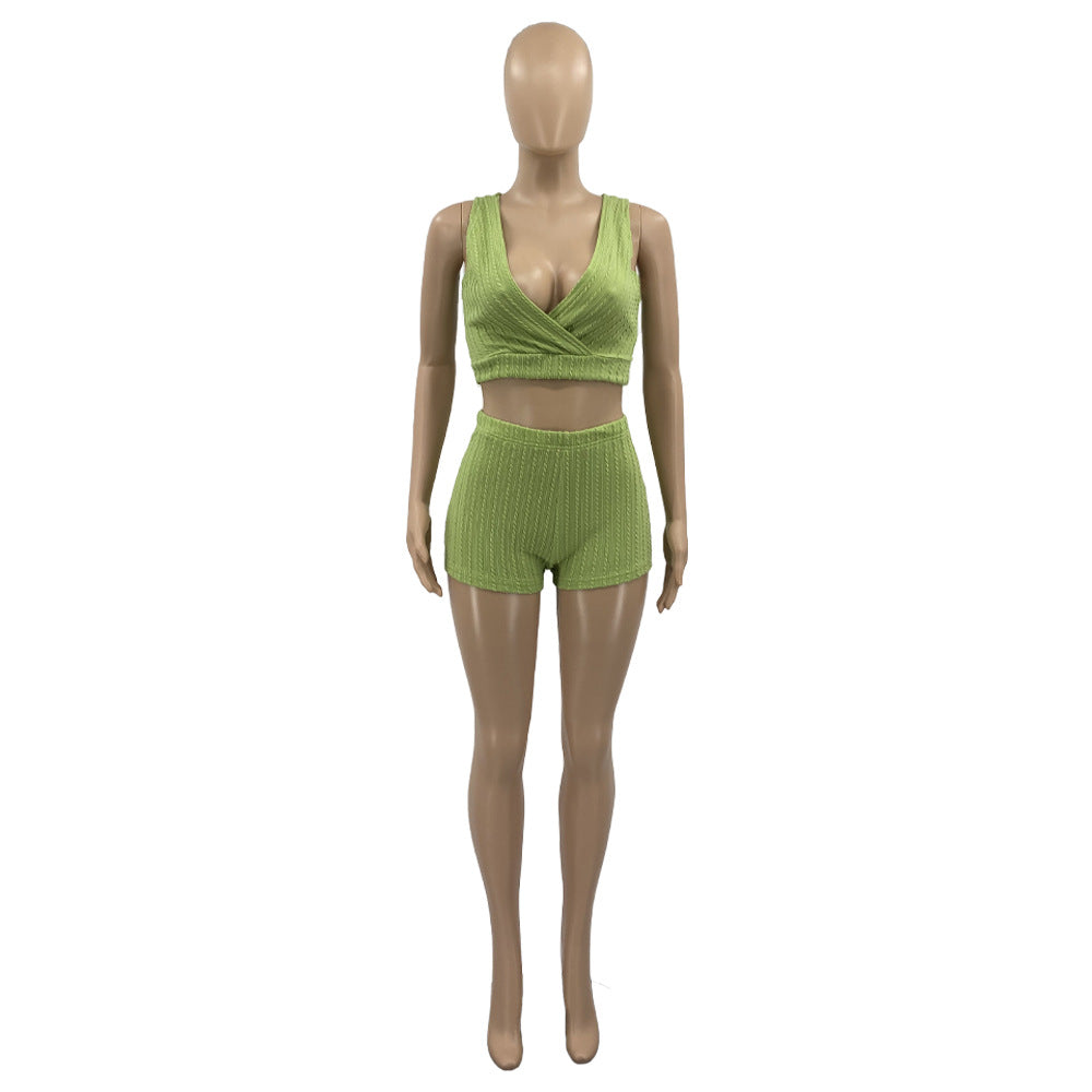 Solid Color Thread Puff Jacquard Vest Shorts Set