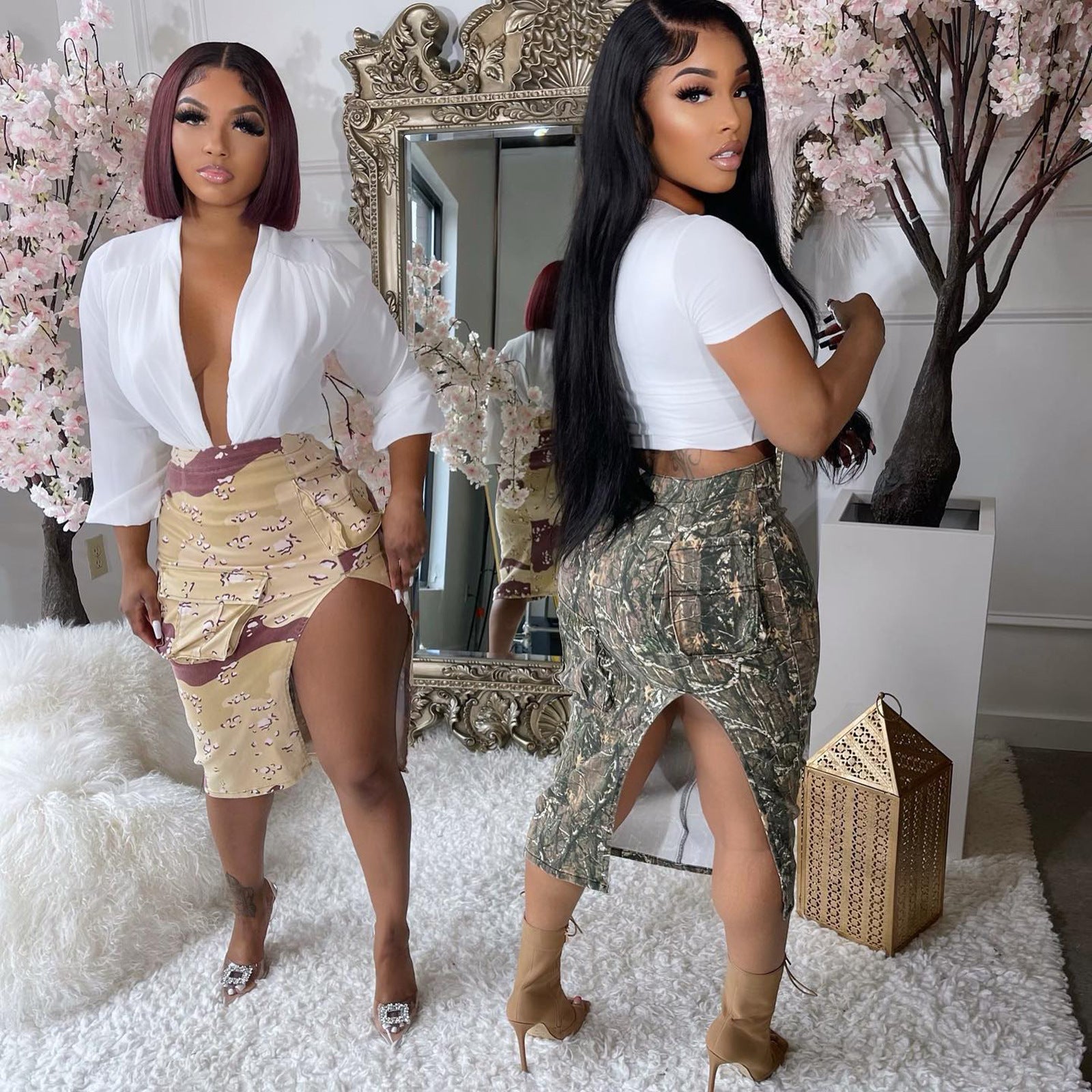 Camo Leaf Print Pocket Split Zip High Waist Skirt