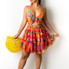 Printed Hollow-out Halter V-neck Cake Dress