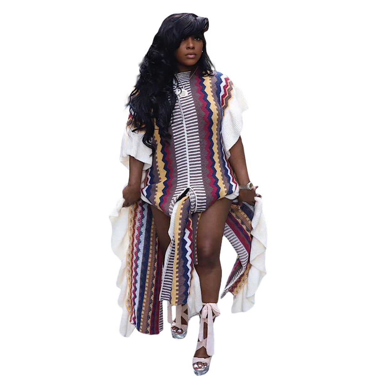 Ruffled Knitted Striped Slit Dress