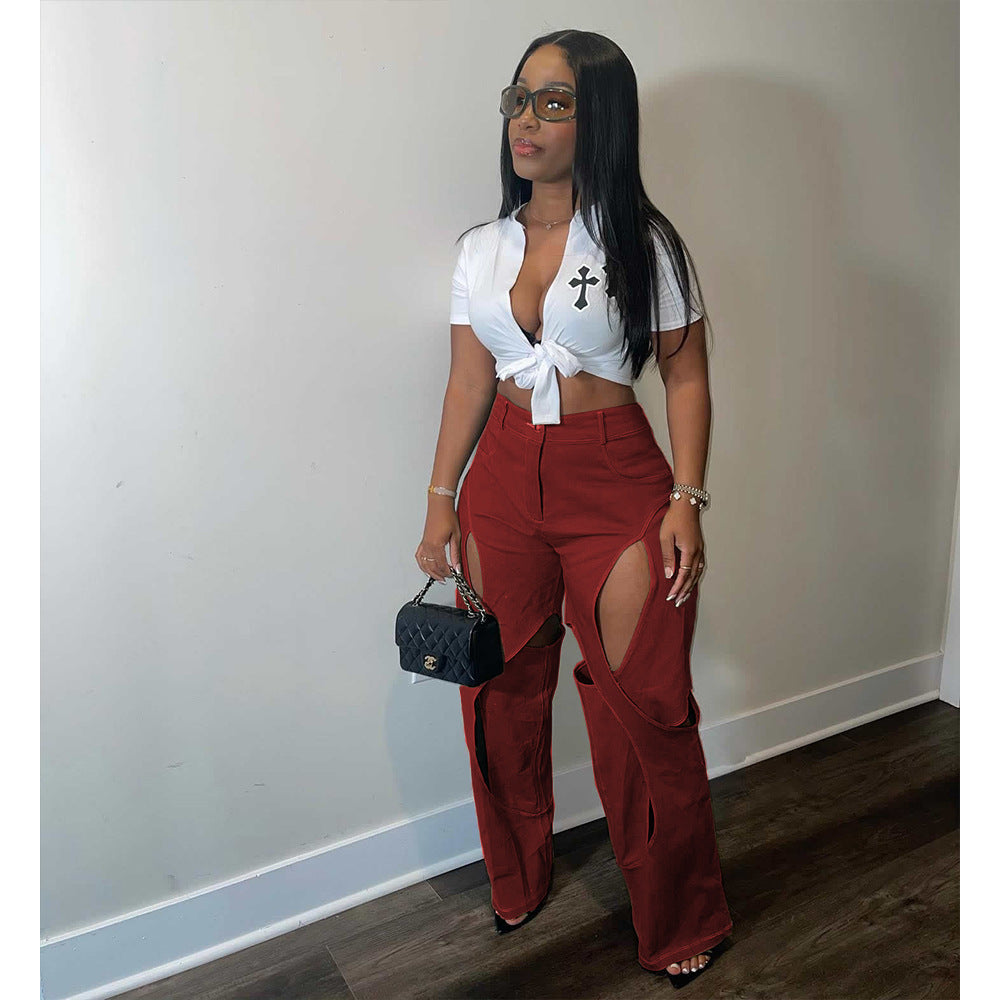 Cotton Fried Dough Twists hollow casual pants