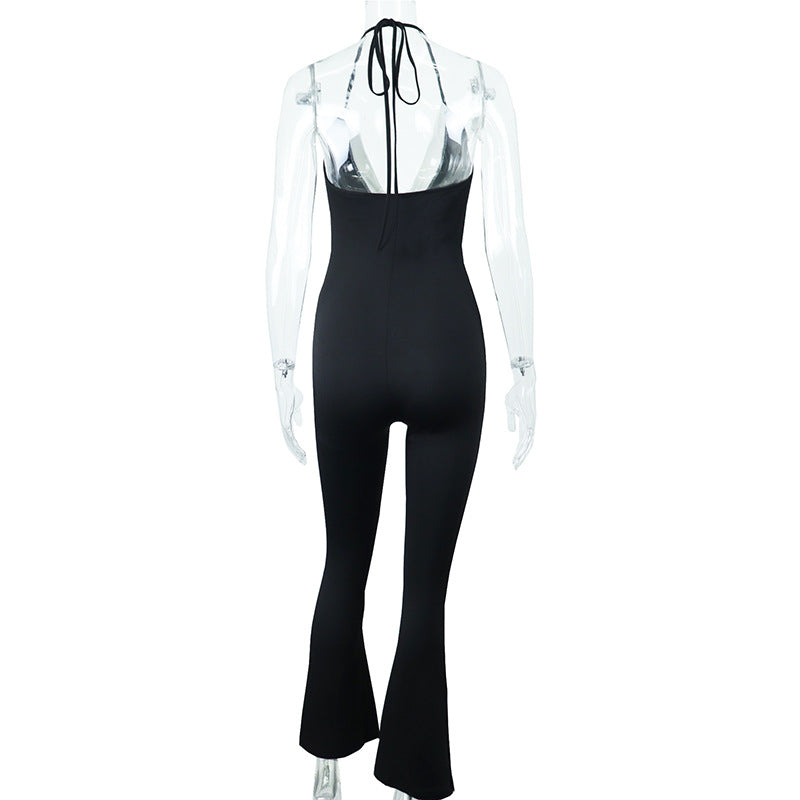 Patchwork Low-cut Halterneck Sleeveless High-rise Jumpsuit