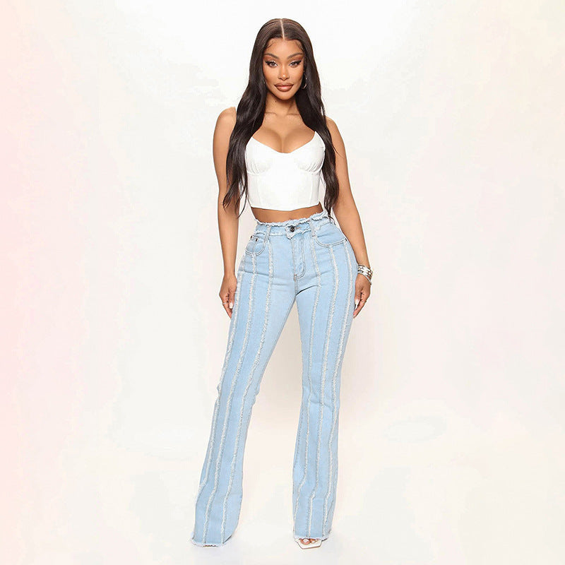 High Elastic Mid Waist Burrs Women's Denim Trousers