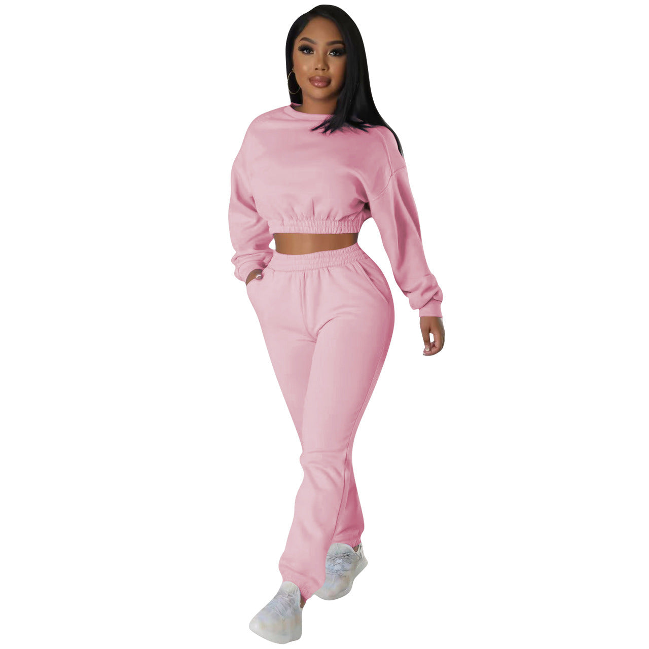 Fashion casual sweatshirt set solid color 2PC set