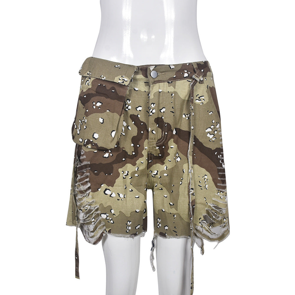 Camouflage Workwear Pocket Tassel Ripped Short