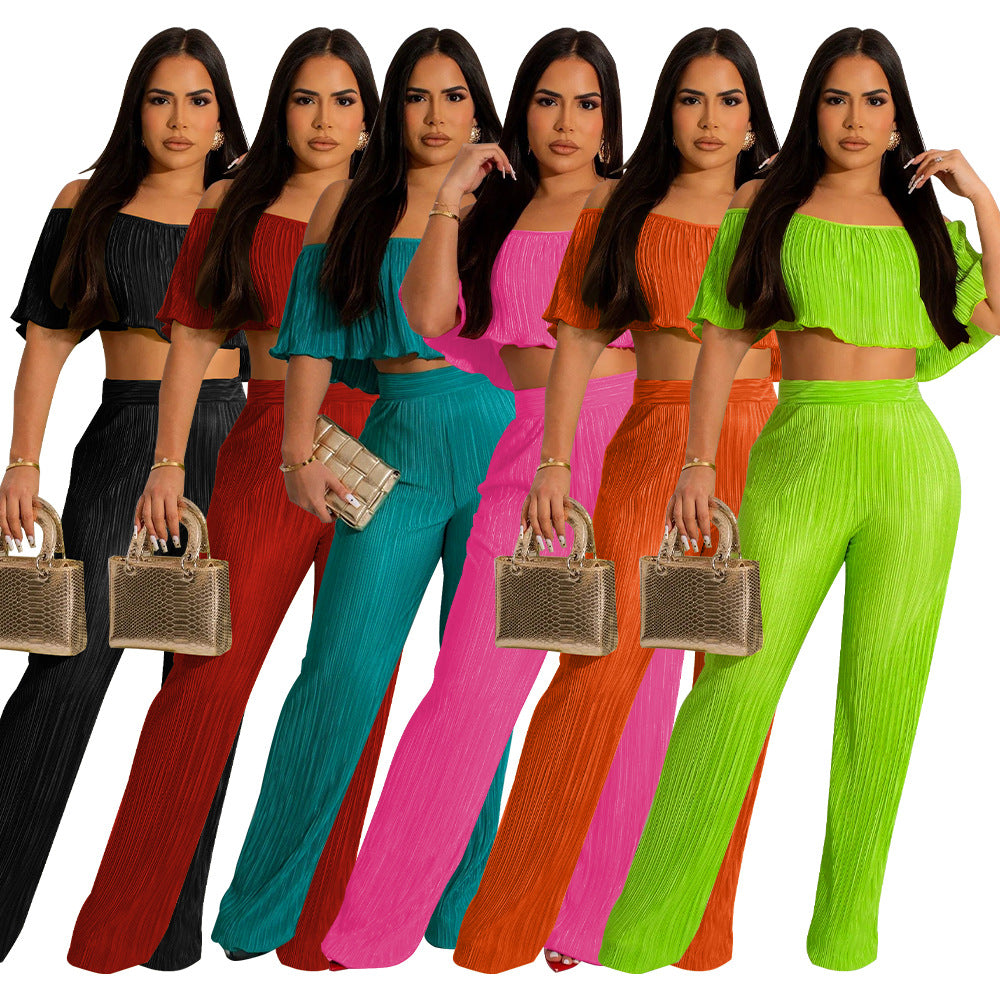 Pleated Ruffled Shoulder Wide-leg Trouser Set