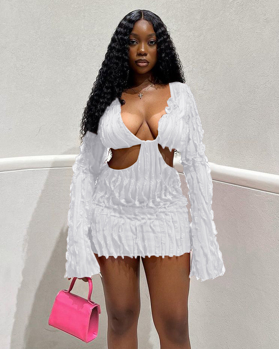 Long Sleeve Mesh Wave Pattern Sexy Short Dress