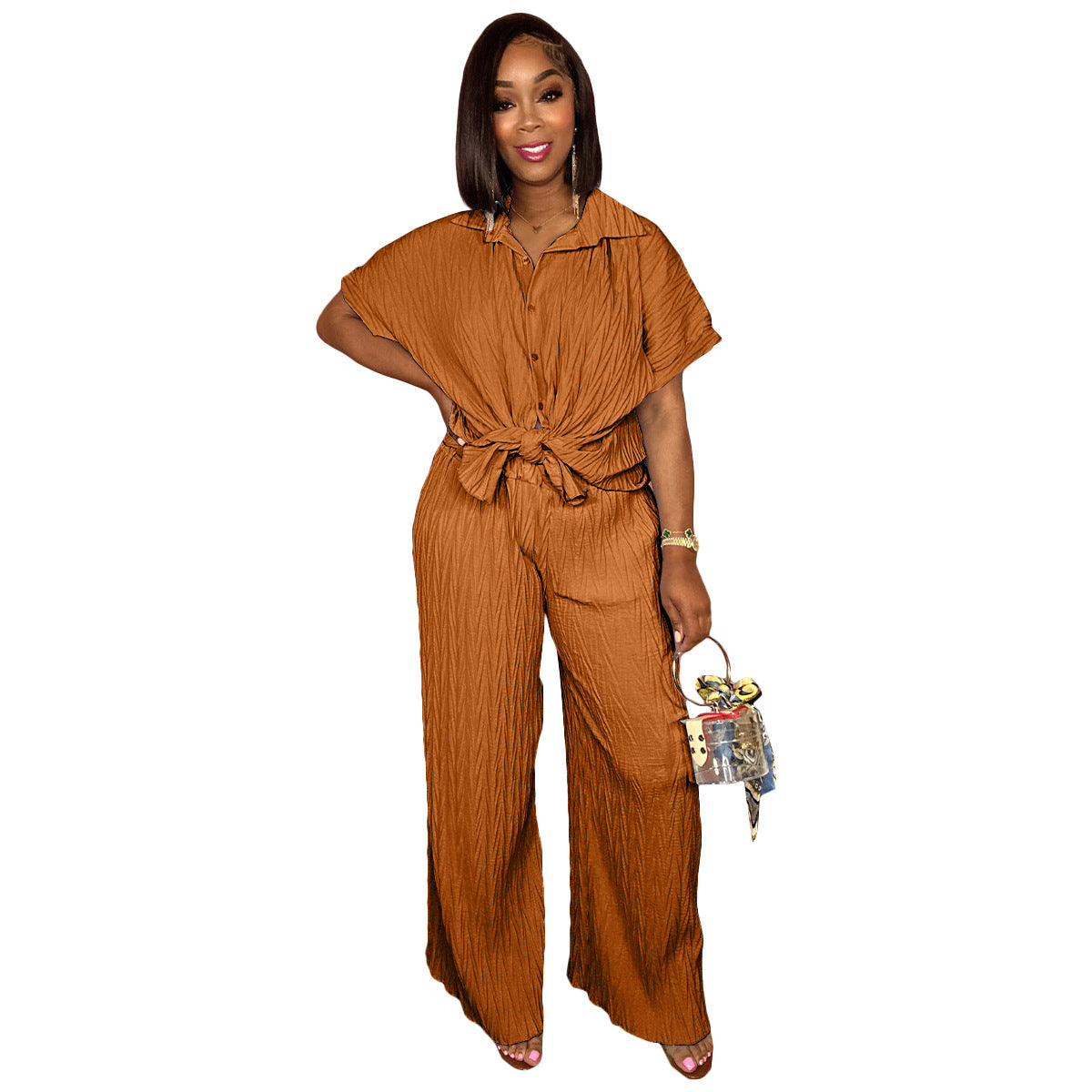 Tree Pattern Pleated Fabric Short Sleeved Shirt Wide Leg Pants Set