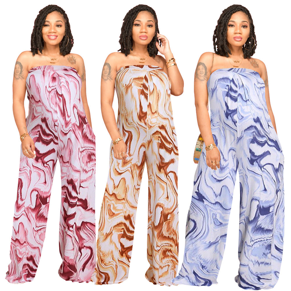 Bandeau Marble-print One-piece Wide-leg Trousers Loose Fit