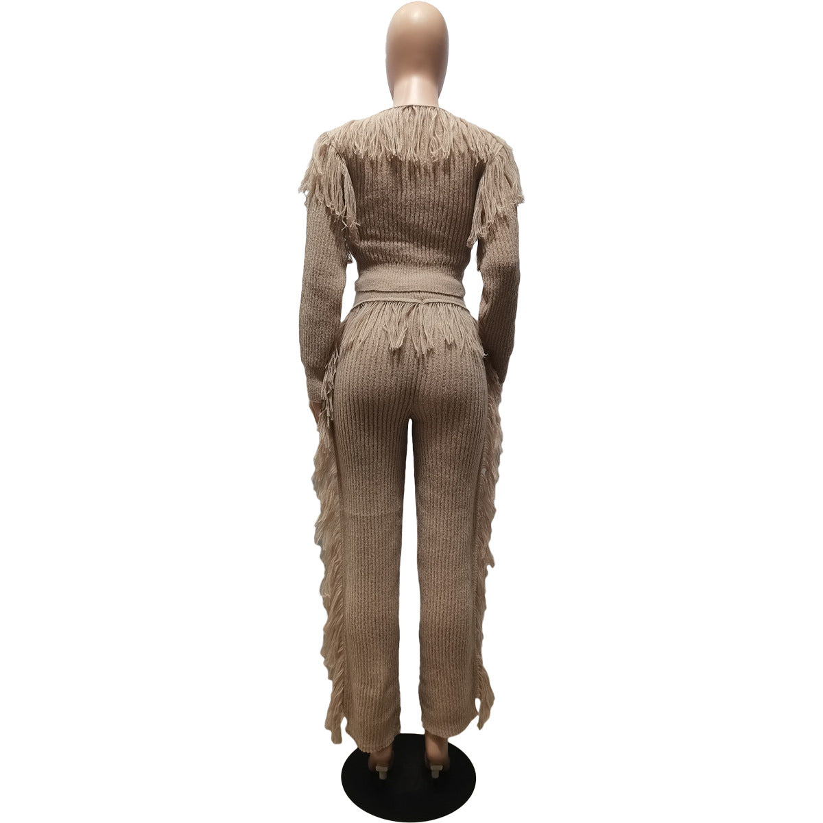 Casual Solid Color Knitted Long Sleeve Tassel Suit Women's Knitted Sweater