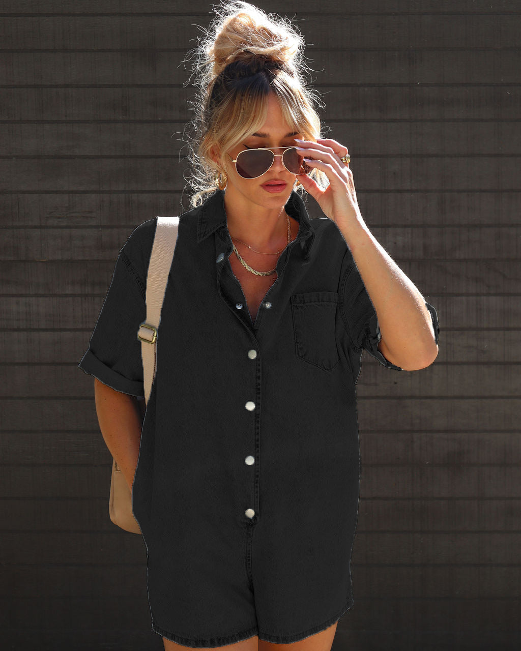 Polo Neck Short Sleeved Shorts Denim Jumpsuit
