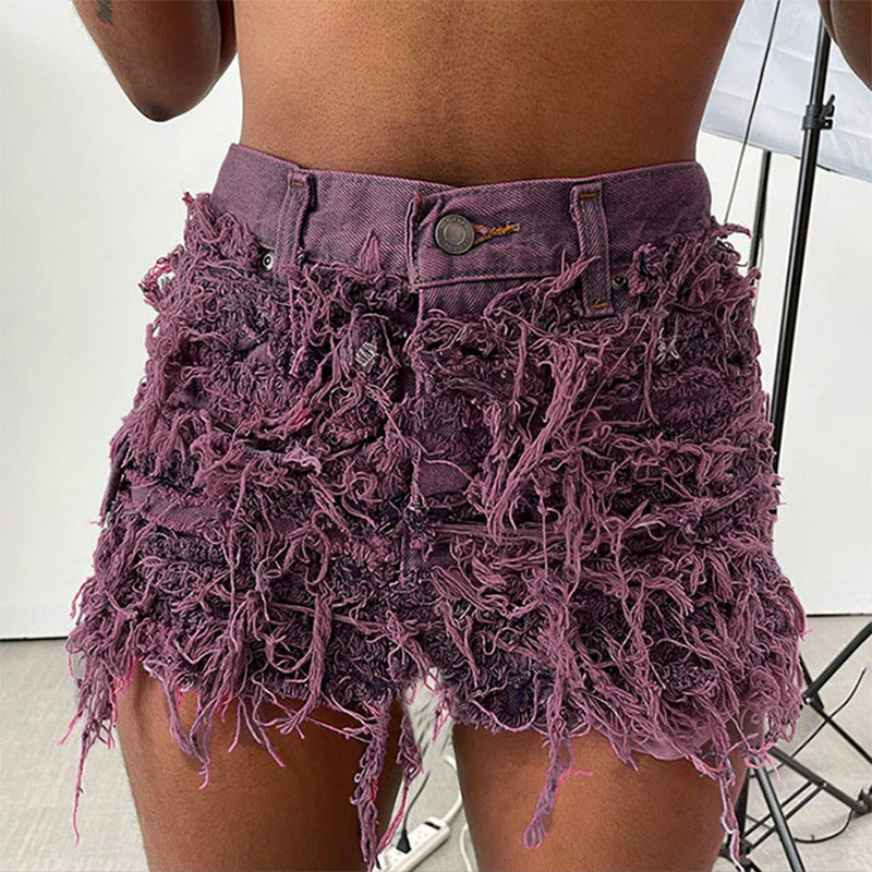 Fringe Tight Pocket Non-Elastic Denim Shorts