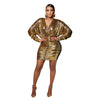 Solid color gilded long sleeved pleated short skirt dress