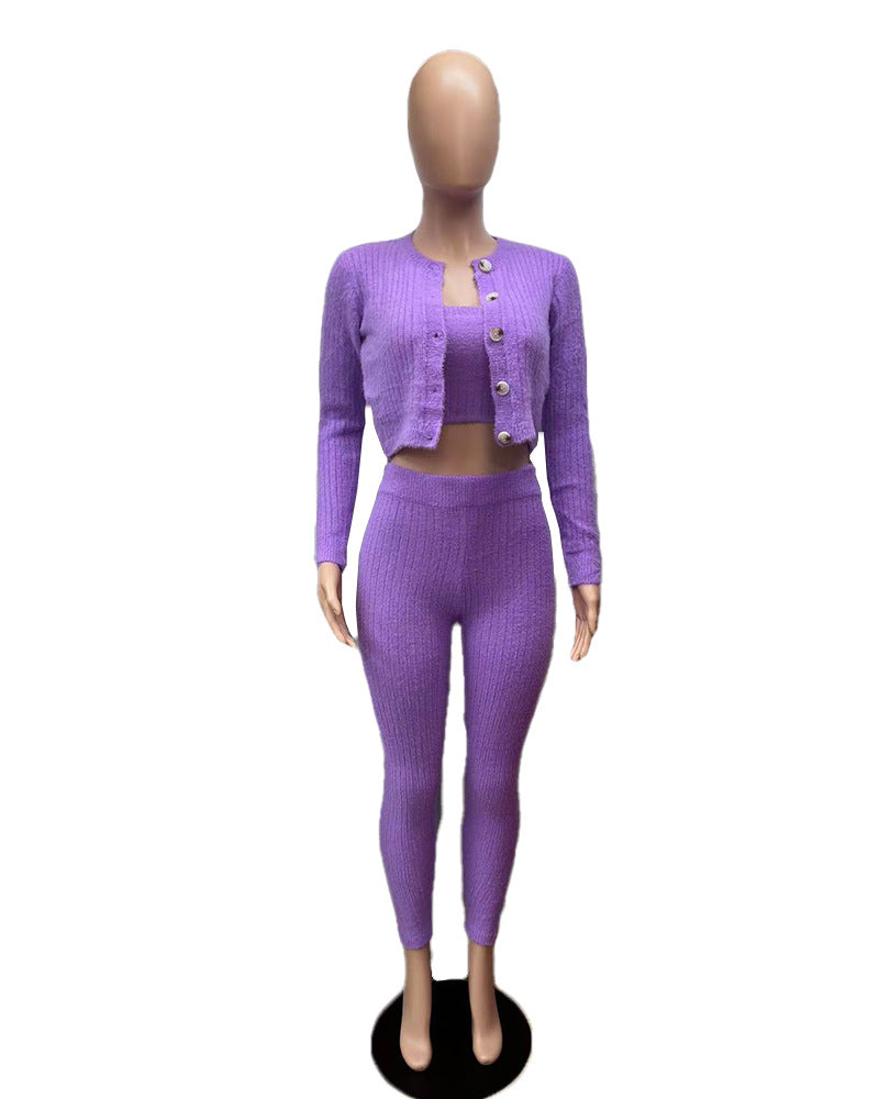 Solid Color Knitted Sweater Sexy Slim-Fit Cardigan 3PC Set