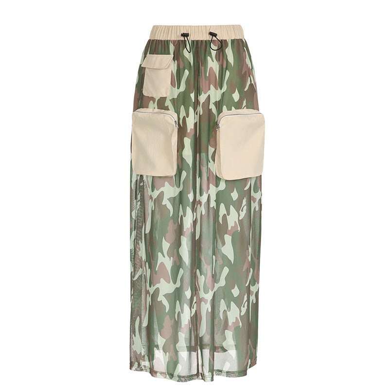 Mesh Camouflage Skirt Pocket Stitching Elastic Drawstring Tooling Dress