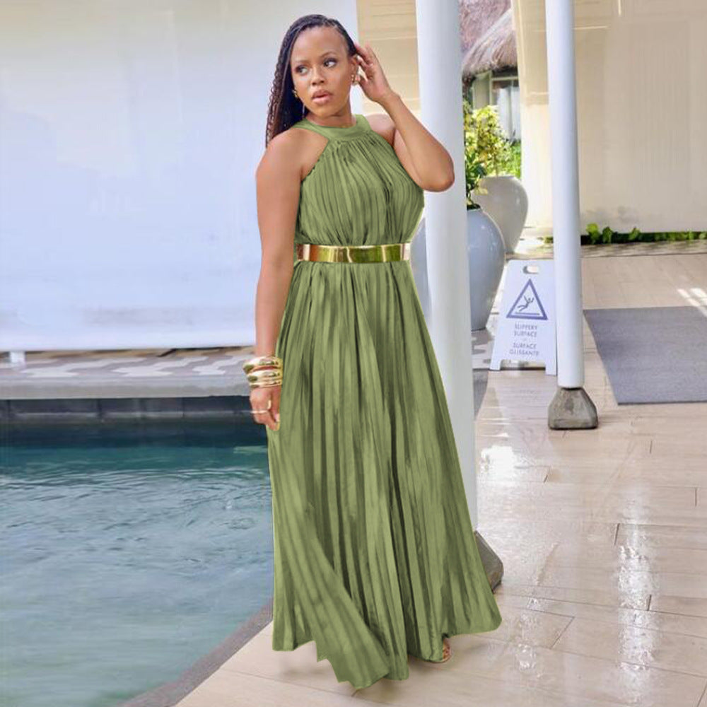 Sleeveless Off Shoulder Simulated Silk Pleated Large Swing Dress