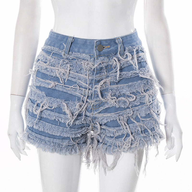 Fringe Tight Pocket Non-Elastic Denim Shorts
