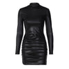 Faux Leather Pleated Long Sleeve Dress