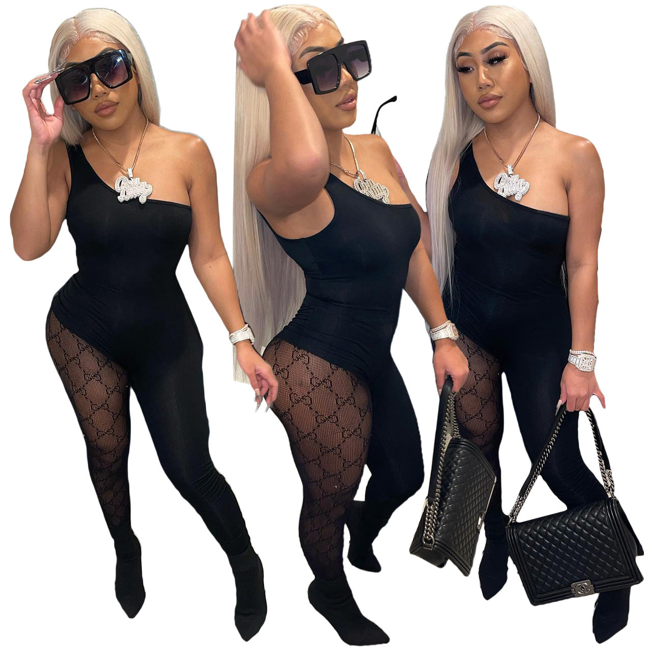 Off-the-Shoulder Stitching Jumpsuit
