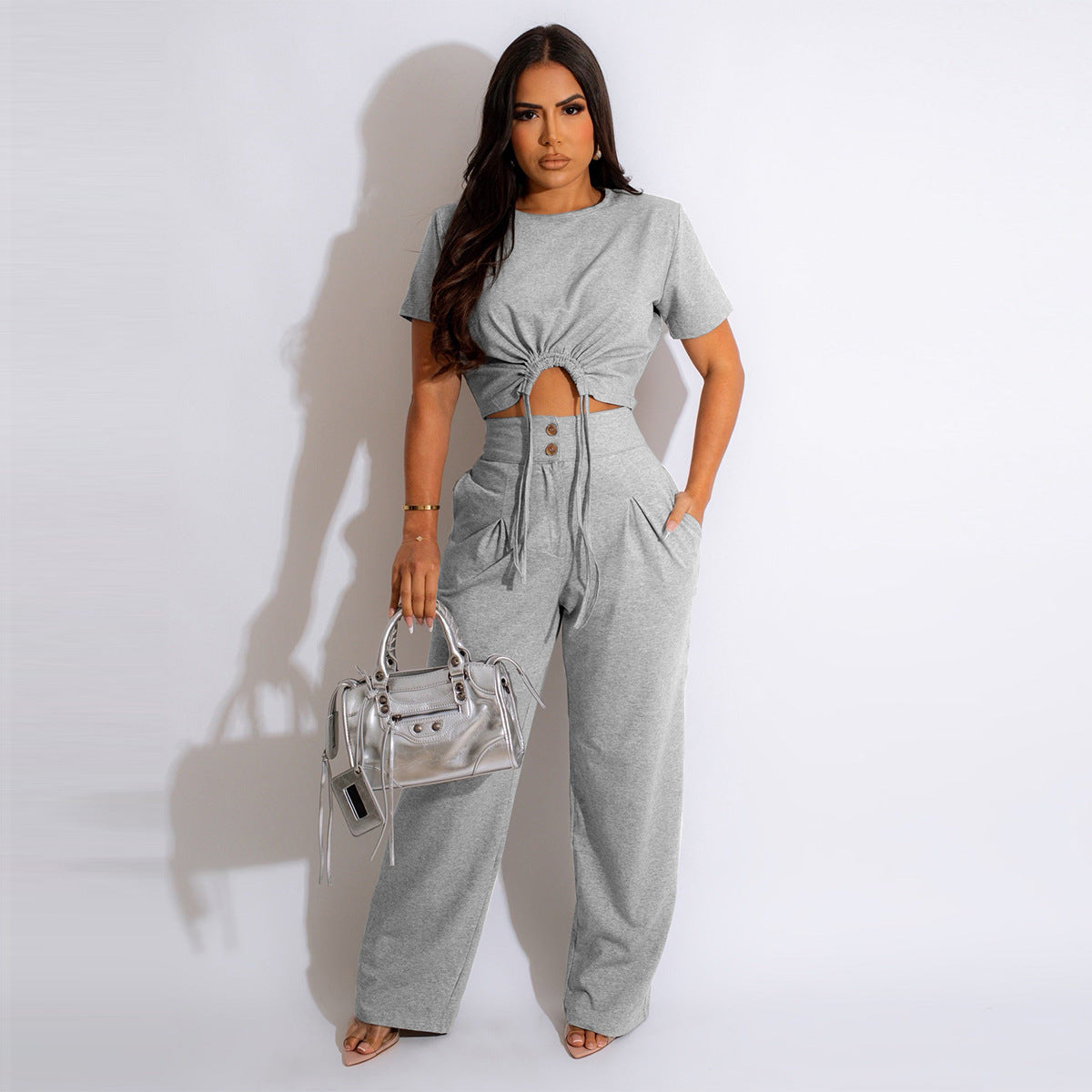 Cotton Short-sleeved Pleated T-shirt Wide-leg Pants Two-piece Suit