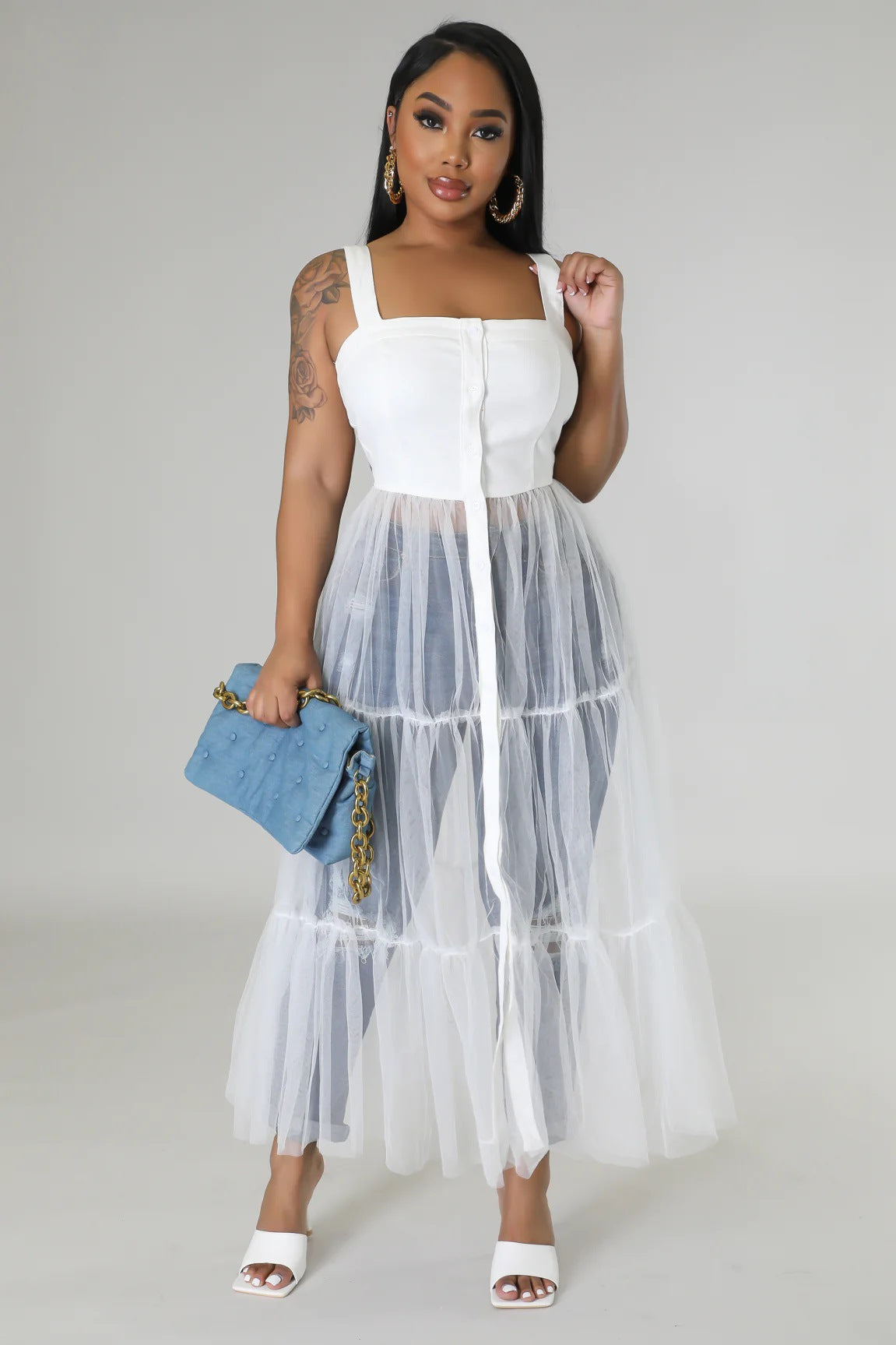 Straps Tulle Stitching Large Swing Dress