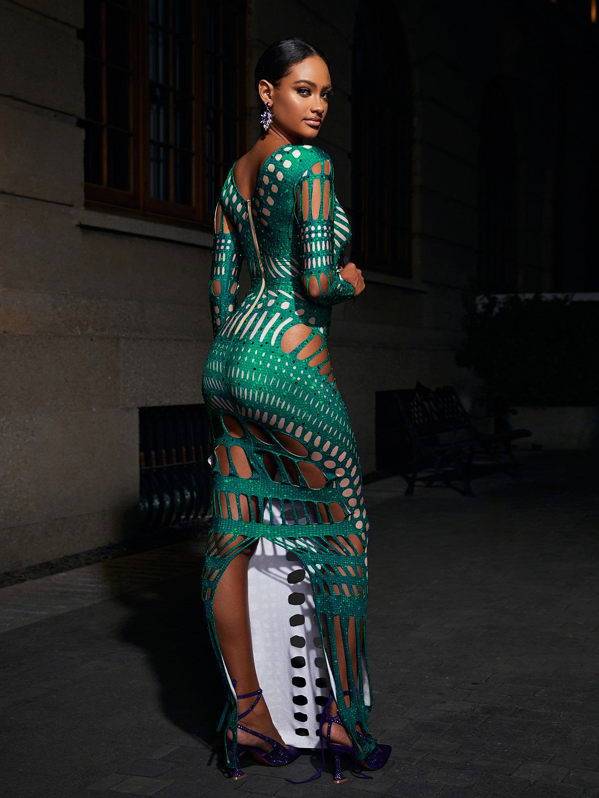 Ripped Skinny Sheath Dress Rhinestone Printed Dress