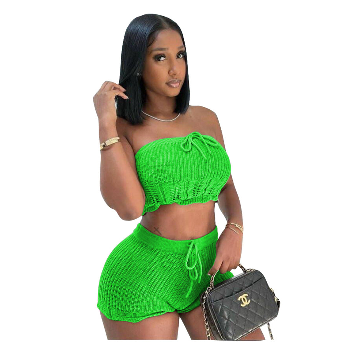 Casual Knitted Tube Top Shorts Two-Piece Set