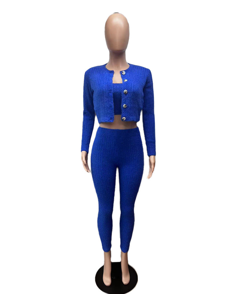 Solid Color Knitted Sweater Sexy Slim-Fit Cardigan 3PC Set