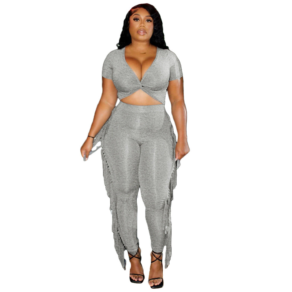 Tassel Trousers Crossed Short Sleeve Two-piece Suit
