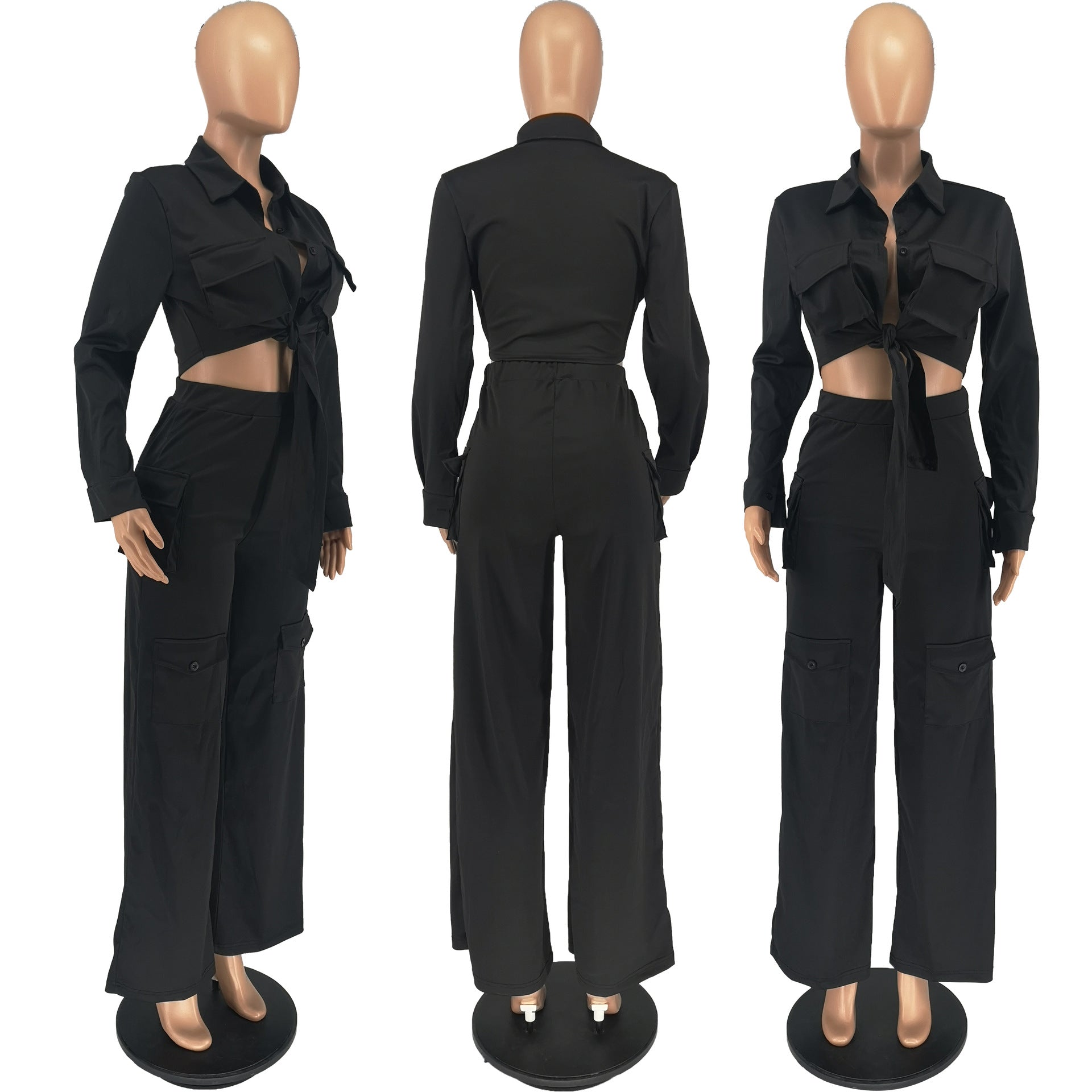 Long sleeves, long pants, cargo style, wide leg, solid color,2pc set
