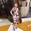 Printed Navel Long-sleeved Top and Long Skirt Set