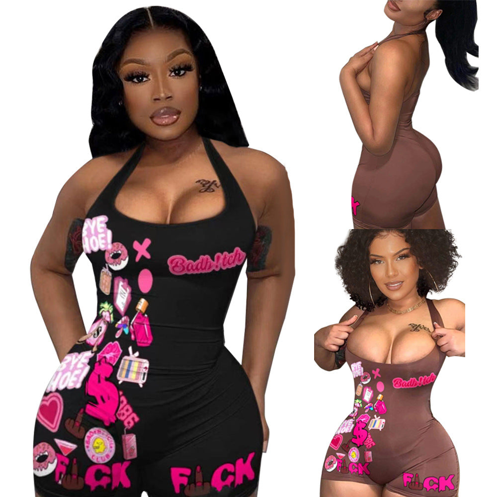 Street Tight High Elastic Printed Halter One-Piece Suit