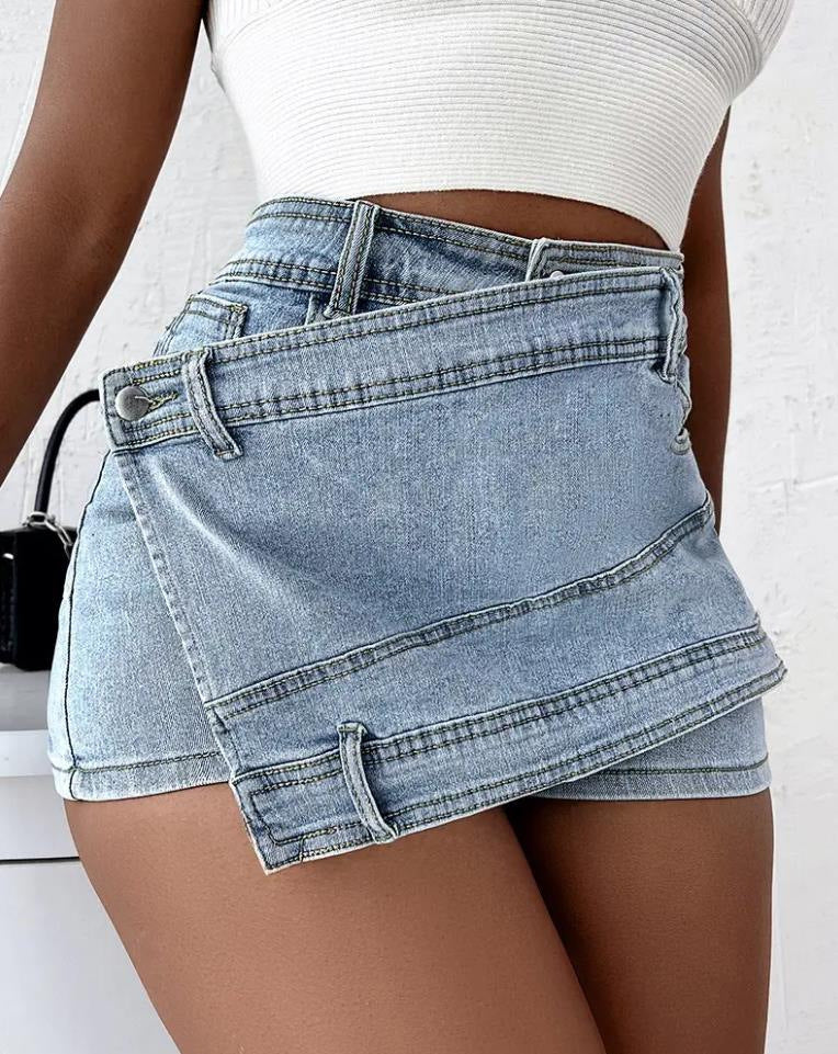 A- line High Waist Irregular Denim Skirt Shorts