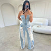 Tassel Hole Rhinestone Washing Water Denim Jumpsuit Female