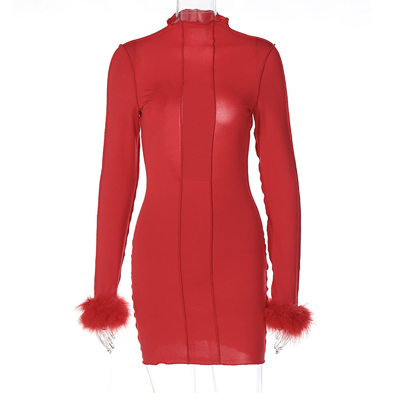 Fur Long Sleeve Backless Dress