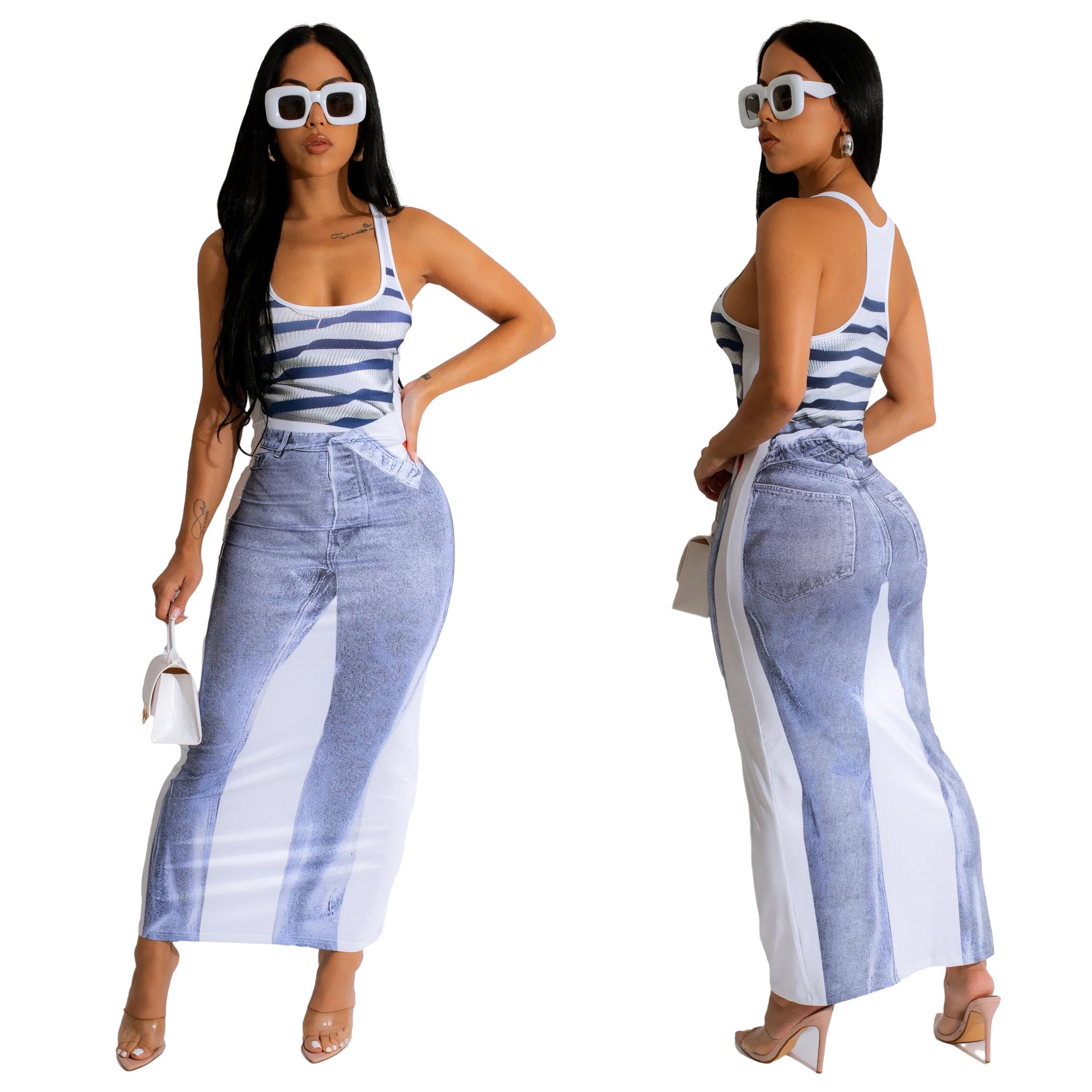 Jeans Printed Vest U-Neck Dress
