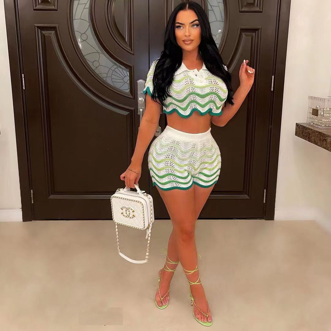 Striped Handmade Knit Casual Shorts Set