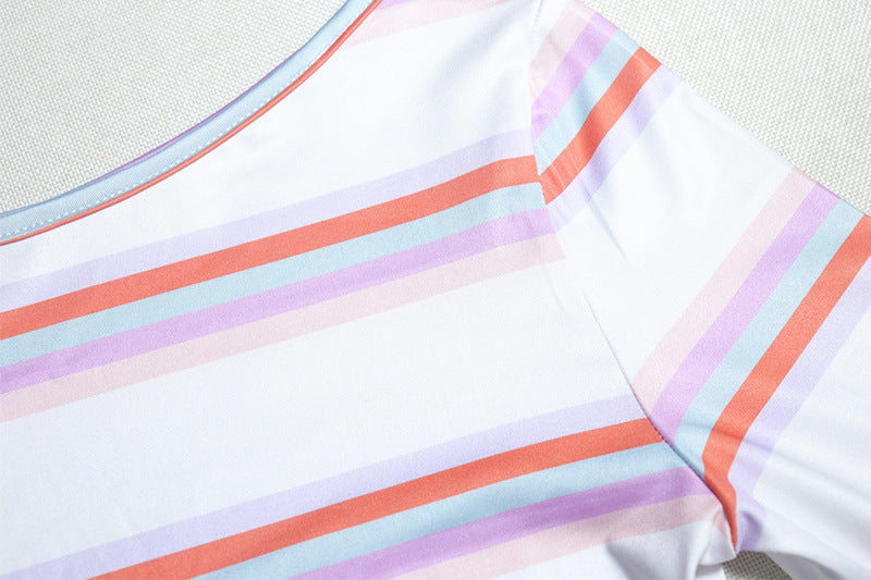 Striped Flared Sleeve Pullover Skirt Backless Waist Trimming A- line Skirt
